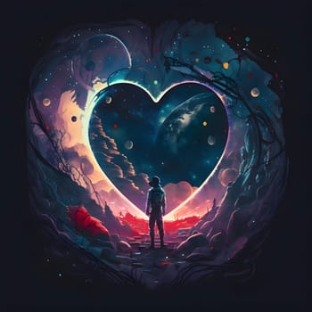 Silhouette of a man in a dark land standing in front of the heart, and a view of the planets. Heart as a symbol of affection and love. The time of falling in love and love.