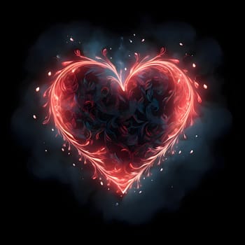 Red heart entwined with red, Luminous stems around a pair of black background. Heart as a symbol of affection and love. The time of falling in love and love.