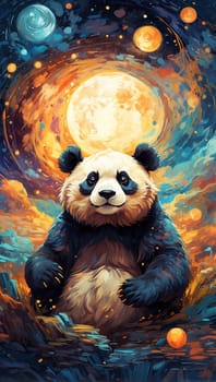 Panda on the background of the moon and stars. Illustration. Generative AI.