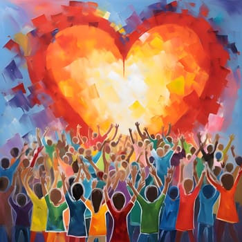 Painted illustration of a cheering crowd with their hands up standing in front of a big heart. Heart as a symbol of affection and love. The time of falling in love and love.
