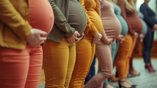 A group of pregnant women stand in a line, some wearing orange pants. Concept of unity and support among the women as they share their pregnancy experiences