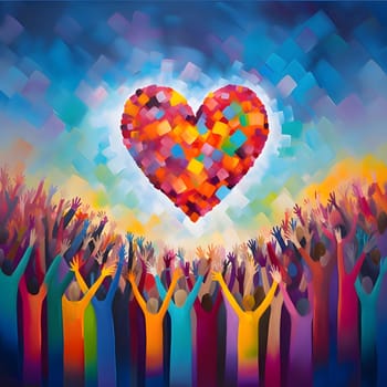 Painted illustration of a cheering crowd with their hands up standing in front of a big heart. Heart as a symbol of affection and love. The time of falling in love and love.