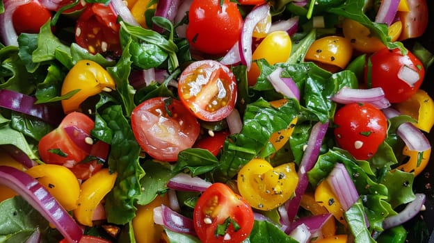 Tasty salad, Vegetable salad, Fresh and healthy food, Salad with vegetables and greens.