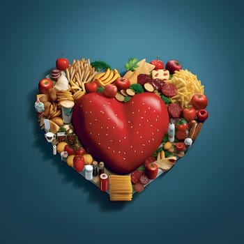 Heart arranged with food products vegetables fruits, fast food, dark background. Heart as a symbol of affection and love. The time of falling in love and love.