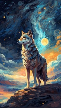 Illustration of a wolf on the background of the moon and stars. Generative AI.