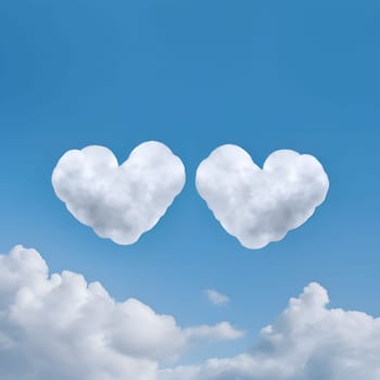 Two hearts made of clouds in the sky. Heart as a symbol of affection and love. The time of falling in love and love.