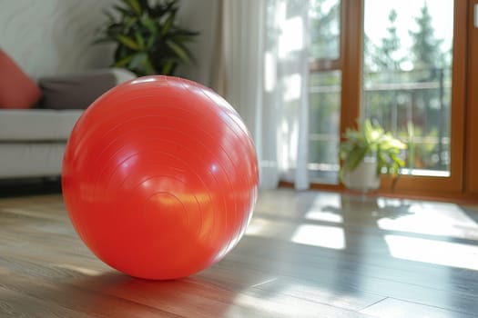 A red ball sits on a wooden floor in a living room. The ball is the center of attention and seems to be the focal point of the room. The living room is furnished with a couch and a potted plant
