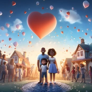 Fairy tale cardboard illustration, black family in the middle of the city in the sky flying heart-shaped balloons. Heart as a symbol of affection and love. The time of falling in love and love.