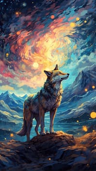 Digital painting of a wolf howling at the moonlight in the sky. Generative AI.