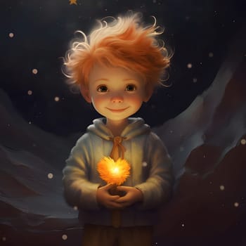 Smiling boy holding a glowing Heart in his hands. Heart as a symbol of affection and love. The time of falling in love and love.