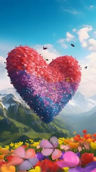 Red purple and blue heart over a colorful flower meadow. Heart as a symbol of affection and love. The time of falling in love and love.