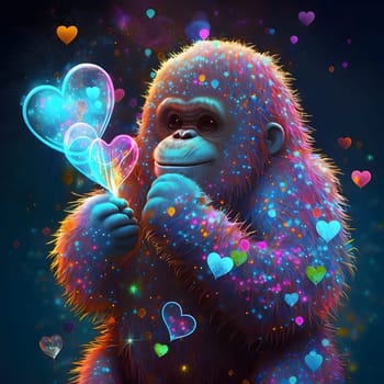 A small fairy tale gorilla holding hearts in his hand. Heart as a symbol of affection and love. The time of falling in love and love.