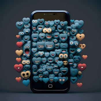Smartphone and hundreds of hearts with different facial expressions with teeth. Heart as a symbol of affection and love. The time of falling in love and love.