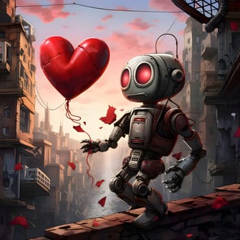 A tiny robot holding a balloon in the shape of a red heart. Heart as a symbol of affection and love. The time of falling in love and love.