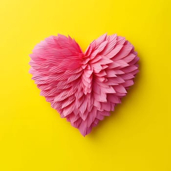 Pink heart made of paper feathers on a yellow isolated background. Heart as a symbol of affection and love. The time of falling in love and love.