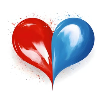 Painted red and blue heart on a white background, watercolor paints. Heart as a symbol of affection and love. The time of falling in love and love.