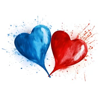 Painted red and blue heart on a white background, watercolor paints. Heart as a symbol of affection and love. The time of falling in love and love.