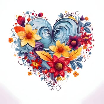 Heart formed from colorful flowers on a white isolated background. Heart as a symbol of affection and love. The time of falling in love and love.