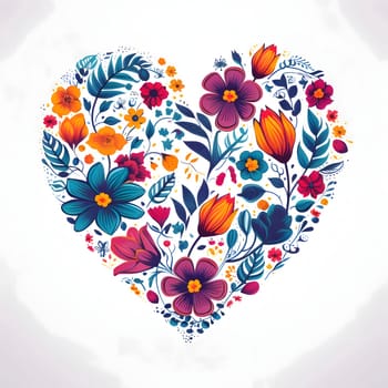 Heart formed from colorful flowers on a white isolated background. Heart as a symbol of affection and love. The time of falling in love and love.