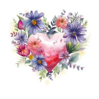 Heart formed from colorful flowers on a white isolated background. Heart as a symbol of affection and love. The time of falling in love and love.