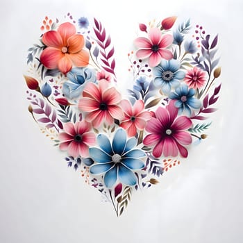 Heart formed from colorful flowers on a white isolated background. Heart as a symbol of affection and love. The time of falling in love and love.