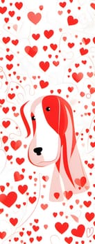 Red hearts on a white background and a white and red dog's head. Heart as a symbol of affection and love. The time of falling in love and love.