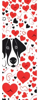 Red and Black hearts in the middle, dog's head, white background. Heart as a symbol of affection and love. The time of falling in love and love.