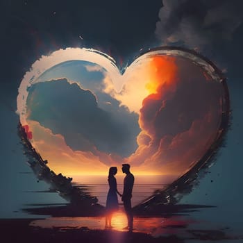 A couple in love standing in the middle of a heart with a sunset view. Heart as a symbol of affection and love. The time of falling in love and love.