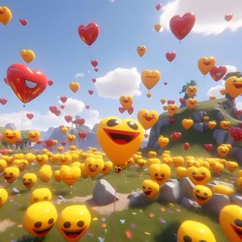 Green clearing and yellow balloons with black eyes and big smiles. The shape of hearts. Heart as a symbol of affection and love. The time of falling in love and love.