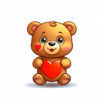 Illustration. A tiny teddy bear with a red heart. White isolated background. Heart as a symbol of affection and love. The time of falling in love and love.