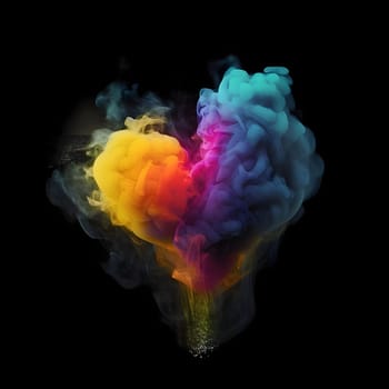 Colorful dust heart, holi. Black background. Heart as a symbol of affection and love. The time of falling in love and love.