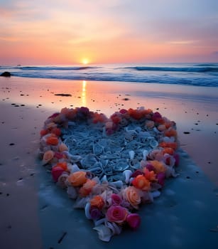 Arranged on the beach heart with colorful flower petals, roses sunset in the background. Heart as a symbol of affection and love. The time of falling in love and love.