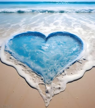 Water-swept blue heart on the sand of the beach. Heart as a symbol of affection and love. The time of falling in love and love.