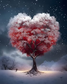 Pink tree in the shape of a heart around falling snow in winter. Heart as a symbol of affection and love. The time of falling in love and love.