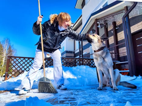 A girl or a woman with a snow broom at home and a large German Shepherd dog. Woman Clearing Snow at Home With Her German Shepherd