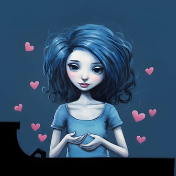 Illustrations of a lonely girl around her tiny hearts, dark background. Heart as a symbol of affection and love. The time of falling in love and love.