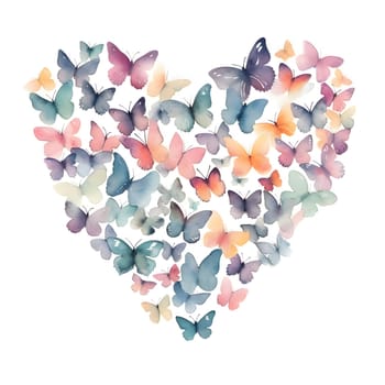 Colorful, blue and orange, butterflies forming a heart on a white and blue background. Heart as a symbol of affection and love. The time of falling in love and love.