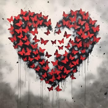 Red heart with red butterflies on a gray dusky background. Heart as a symbol of affection and love. The time of falling in love and love.