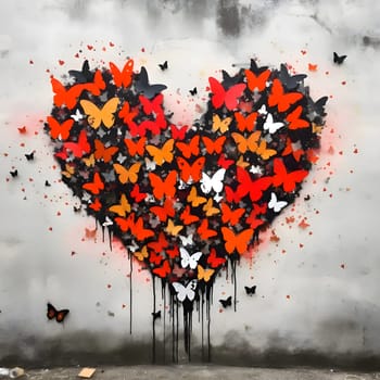 Red heart with orange and red butterflies on a gray dusky background. Heart as a symbol of affection and love. The time of falling in love and love.