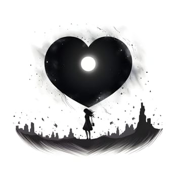 Silhouette of a woman against a background of silhouettes of skyscrapers above her heart black with a white circle. Heart as a symbol of affection and love. The time of falling in love and love.