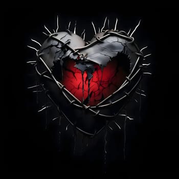 Heart clad with chain and metal spikes pierced black background. Heart as a symbol of affection and love. The time of falling in love and love.