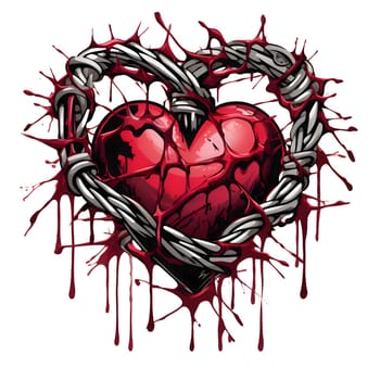 Heart clad with chain and metal spikes pierced white background. Heart as a symbol of affection and love. The time of falling in love and love.
