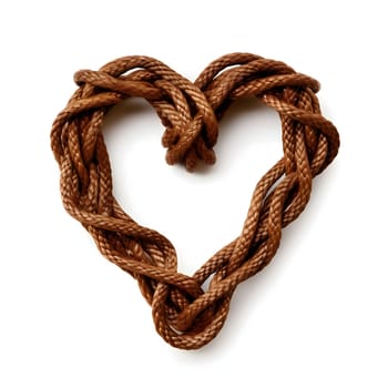 Heart braided from thick brown rope, cord. White isolated background. Heart as a symbol of affection and love. The time of falling in love and love.