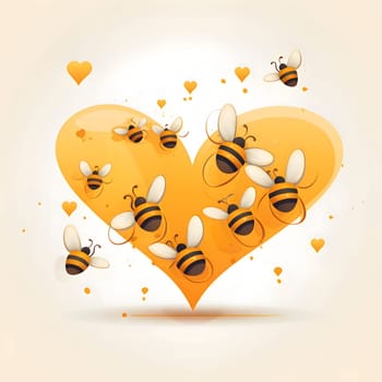 Yellow and orange heart with bees around a bright background. Heart as a symbol of affection and love. The time of falling in love and love.