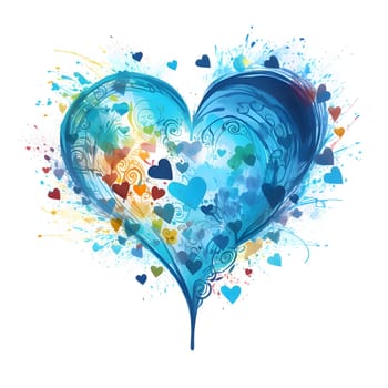 Abstract paint and color watercolor blue heart with tiny on white background, paint splatters. Heart as a symbol of affection and love. The time of falling in love and love.