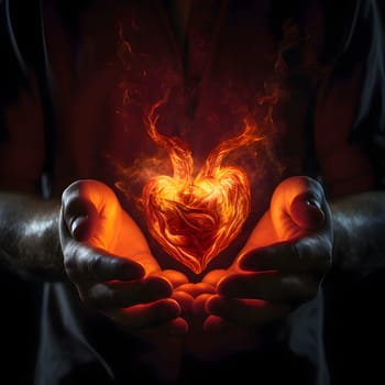 A fiery heart held in the hands by a man. Heart as a symbol of affection and love. The time of falling in love and love.