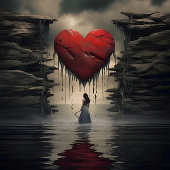 Lonely girl in a long dress in the water around boulders stones in the middle, red heart. Heart as a symbol of affection and love. The time of falling in love and love.