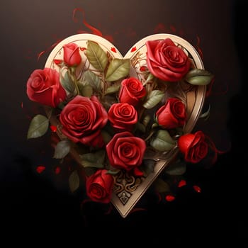 Heart decorated with red roses on a dark background. Heart as a symbol of affection and love. The time of falling in love and love.