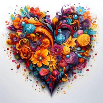 Colorful heart, line flower abstraction, white background. Heart as a symbol of affection and love. The time of falling in love and love.