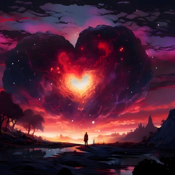 Silhouette of a man in a dark land in the sky a large fiery heart. Heart as a symbol of affection and love. The time of falling in love and love.